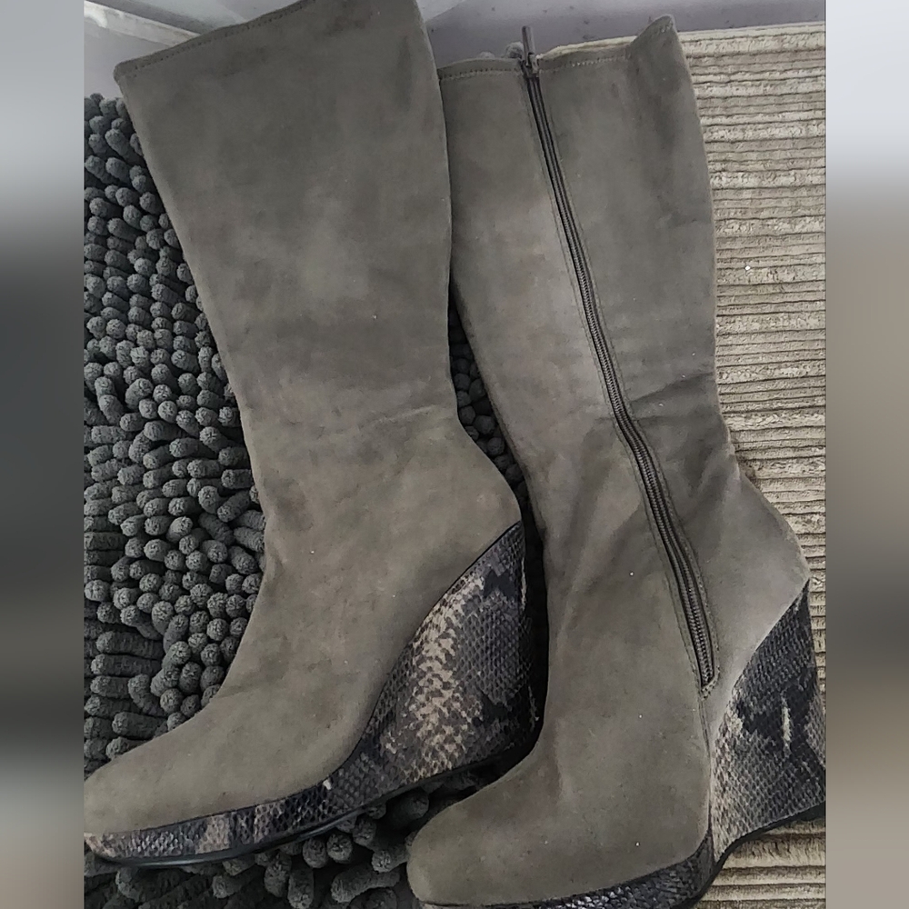 Olive Wedge Boots with Snakeskin Detail